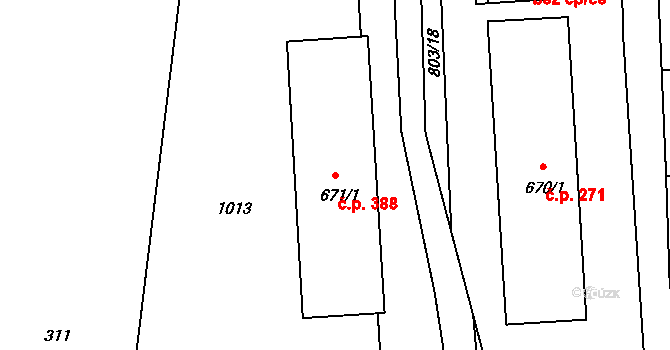 Brunšov 388, Hradištko na parcele st. 671/1 v KÚ Hradištko pod Medníkem, Katastrální mapa