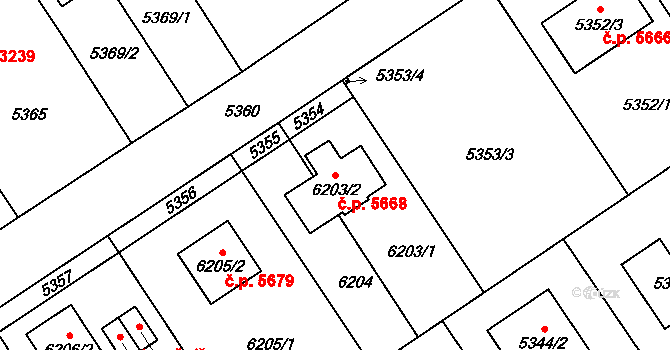 Chomutov 5668 na parcele st. 6203/2 v KÚ Chomutov I, Katastrální mapa