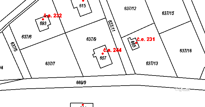 Budín 244, Samopše na parcele st. 607 v KÚ Samopše, Katastrální mapa