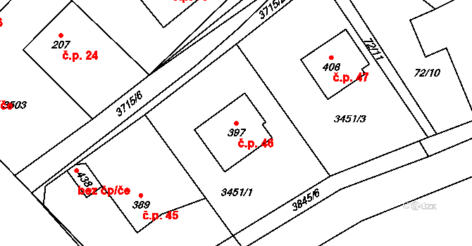Podělusy 46, Týnec nad Sázavou na parcele st. 397 v KÚ Podělusy, Katastrální mapa