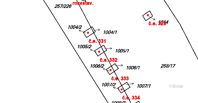 Lštění 332 na parcele st. 1005/2 v KÚ Lštění, Katastrální mapa