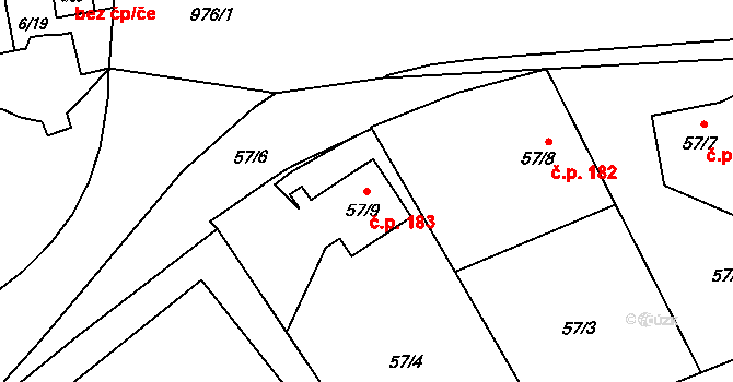 Chuchelná 183 na parcele st. 57/9 v KÚ Chuchelná, Katastrální mapa