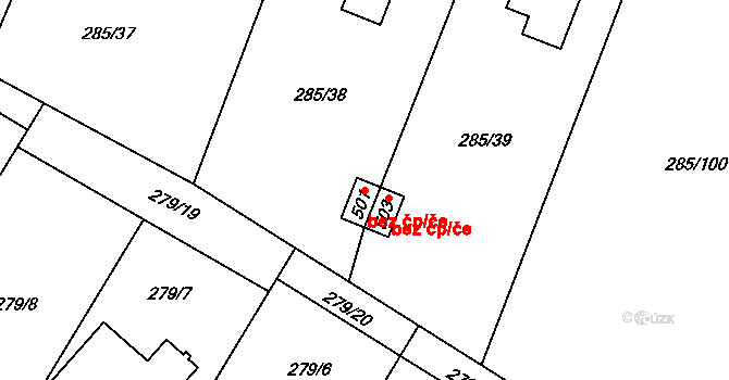 Kamenice 46122354 na parcele st. 501 v KÚ Štiřín, Katastrální mapa