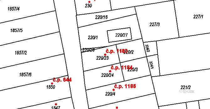 Vlčnov 1183 na parcele st. 220/23 v KÚ Vlčnov, Katastrální mapa