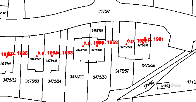 Úvaly 1968 na parcele st. 3475/133 v KÚ Úvaly u Prahy, Katastrální mapa