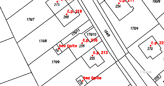 Drahany 216 na parcele st. 256 v KÚ Drahany, Katastrální mapa