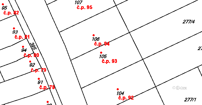 Přestavlky 93 na parcele st. 105 v KÚ Přestavlky u Přerova, Katastrální mapa