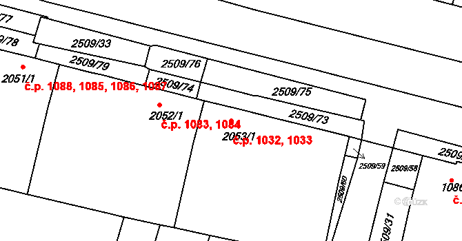Kyjov 1032,1033 na parcele st. 2053/1 v KÚ Kyjov, Katastrální mapa