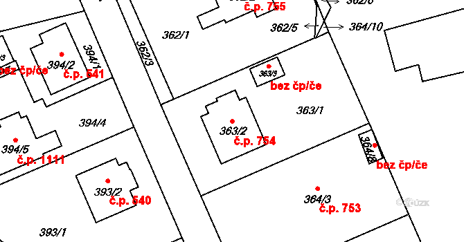 Třeboň II 754, Třeboň na parcele st. 363/2 v KÚ Třeboň, Katastrální mapa