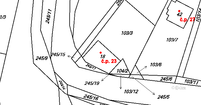 Ploužnice 23, Lomnice nad Popelkou na parcele st. 18 v KÚ Ploužnice pod Táborem, Katastrální mapa