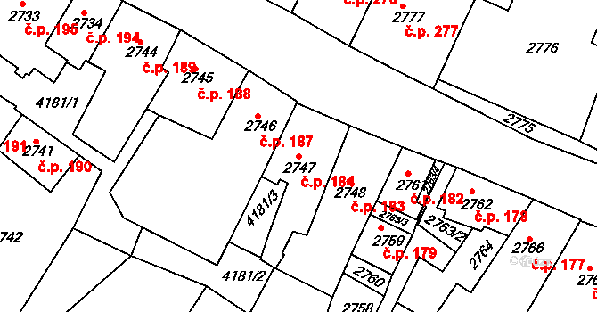Roudnice nad Labem 184 na parcele st. 2747 v KÚ Roudnice nad Labem, Katastrální mapa