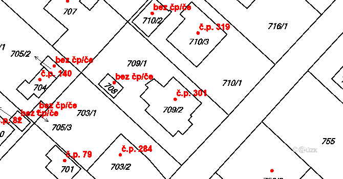 Strkov 301, Planá nad Lužnicí na parcele st. 709/2 v KÚ Planá nad Lužnicí, Katastrální mapa