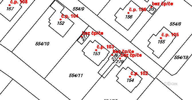 Morašice 103 na parcele st. 153 v KÚ Morašice u Litomyšle, Katastrální mapa