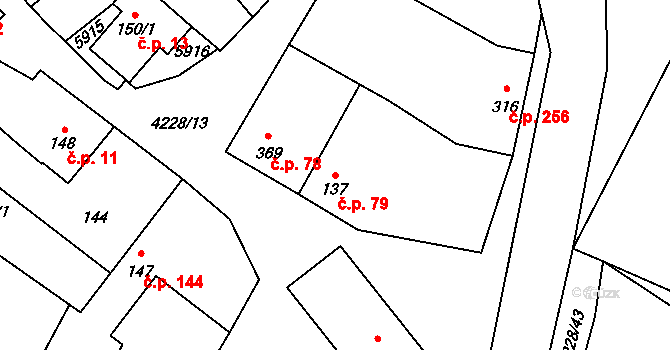 Mohelno 79 na parcele st. 137 v KÚ Mohelno, Katastrální mapa