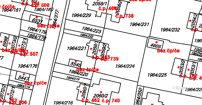 Borovina 739, Třebíč na parcele st. 2059/2 v KÚ Třebíč, Katastrální mapa