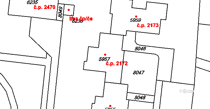 Líšeň 2172, Brno na parcele st. 5957 v KÚ Líšeň, Katastrální mapa