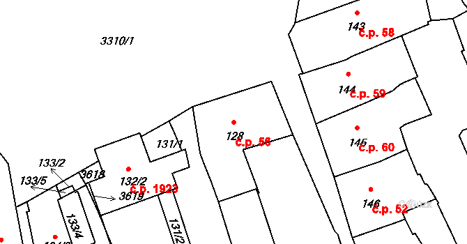 Pelhřimov 56 na parcele st. 128 v KÚ Pelhřimov, Katastrální mapa