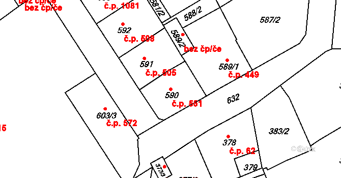 Sokolov 551 na parcele st. 590 v KÚ Sokolov, Katastrální mapa