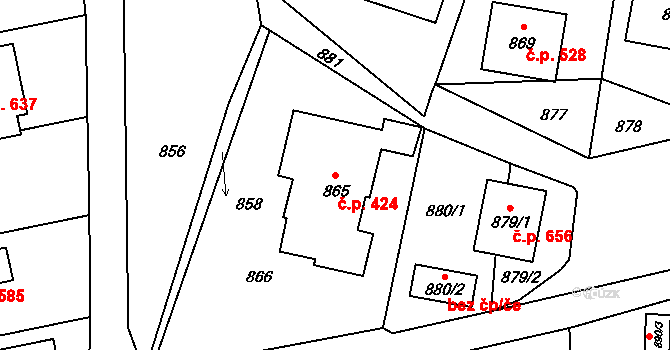 Jablůnka 424 na parcele st. 865 v KÚ Jablůnka, Katastrální mapa