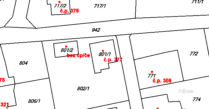 Lipence 377, Praha na parcele st. 801/1 v KÚ Lipence, Katastrální mapa