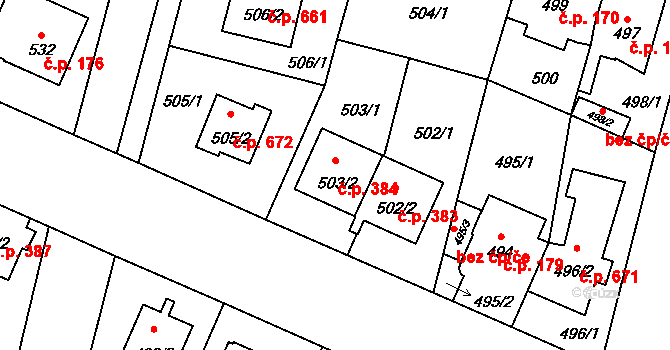 Čimice 384, Praha na parcele st. 503/2 v KÚ Čimice, Katastrální mapa