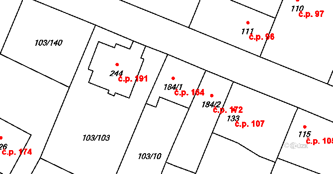 Břežany II 164 na parcele st. 184/1 v KÚ Břežany II, Katastrální mapa