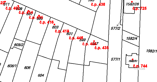 Blučina 458 na parcele st. 599 v KÚ Blučina, Katastrální mapa