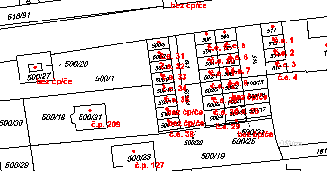 Unkovice 35 na parcele st. 500/10 v KÚ Unkovice, Katastrální mapa