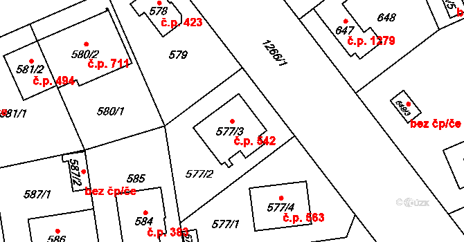 Černice 542, Plzeň na parcele st. 577/3 v KÚ Hradiště u Plzně, Katastrální mapa