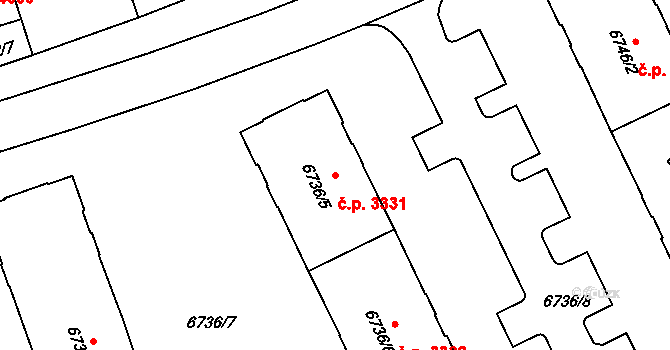 Prostějov 3331 na parcele st. 6736/5 v KÚ Prostějov, Katastrální mapa