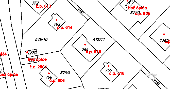 Malenovice 615, Zlín na parcele st. 754 v KÚ Malenovice u Zlína, Katastrální mapa