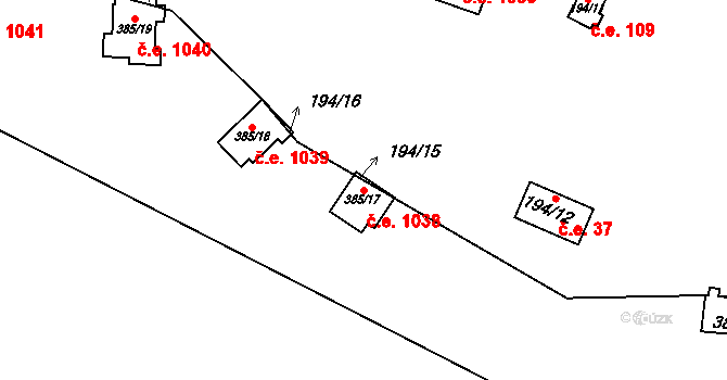 Bítov 1038 na parcele st. 385/17 v KÚ Bítov, Katastrální mapa