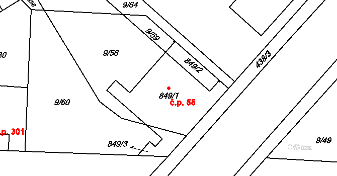Muglinov 55, Ostrava na parcele st. 849/1 v KÚ Muglinov, Katastrální mapa