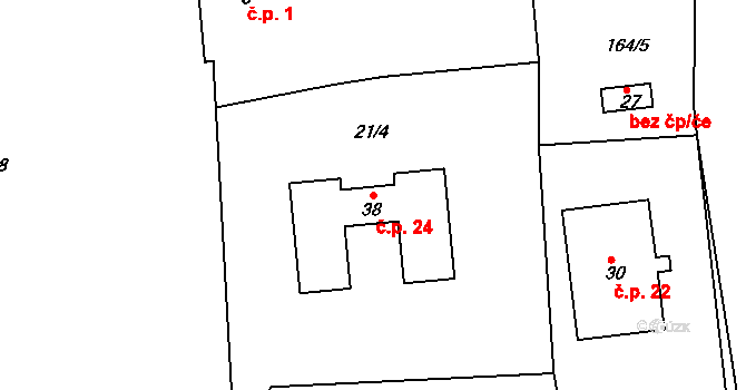 Tobolka 24, Měňany na parcele st. 38 v KÚ Tobolka, Katastrální mapa
