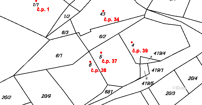 Sedlec 37, Mšeno na parcele st. 5 v KÚ Sedlec u Mšena, Katastrální mapa