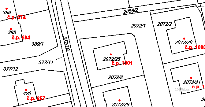 Třemošná 1001 na parcele st. 2072/25 v KÚ Třemošná, Katastrální mapa