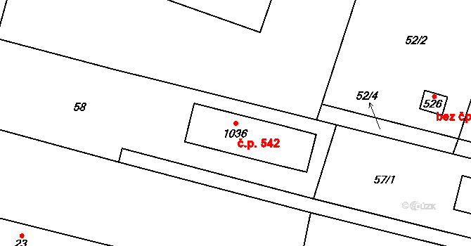 Podhůří 542, Vrchlabí na parcele st. 1036 v KÚ Podhůří-Harta, Katastrální mapa