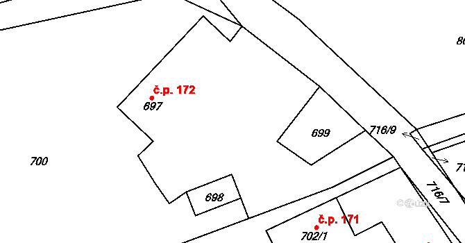 Skotnice 172 na parcele st. 697 v KÚ Skotnice, Katastrální mapa
