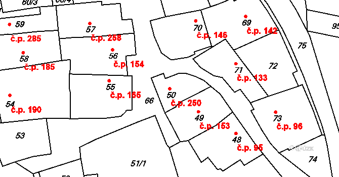 Borkovany 250 na parcele st. 50 v KÚ Borkovany, Katastrální mapa