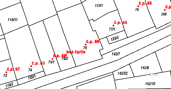 Morkůvky 86 na parcele st. 76 v KÚ Morkůvky, Katastrální mapa