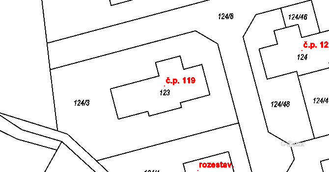 Popovičky 119 na parcele st. 123 v KÚ Popovičky, Katastrální mapa