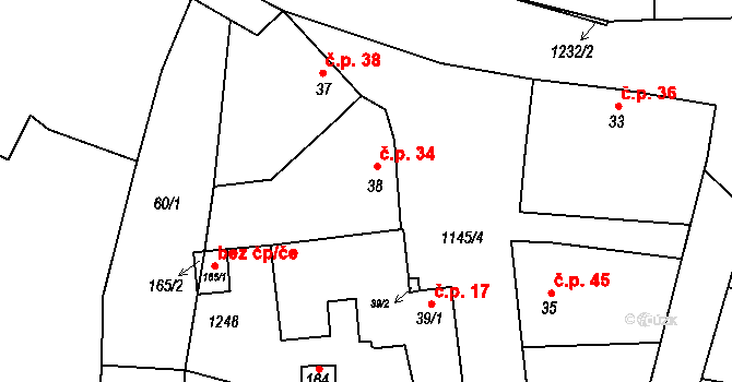 Bařice 34, Bařice-Velké Těšany na parcele st. 38 v KÚ Bařice, Katastrální mapa