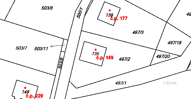 Dobronín 159 na parcele st. 135 v KÚ Střelecká, Katastrální mapa