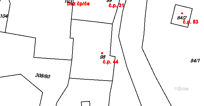 Heroltice 44, Jihlava na parcele st. 98/1 v KÚ Heroltice u Jihlavy, Katastrální mapa