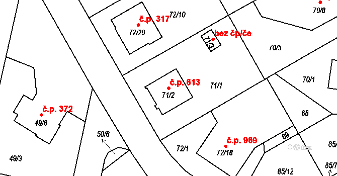 Lyžbice 613, Třinec na parcele st. 71/2 v KÚ Lyžbice, Katastrální mapa