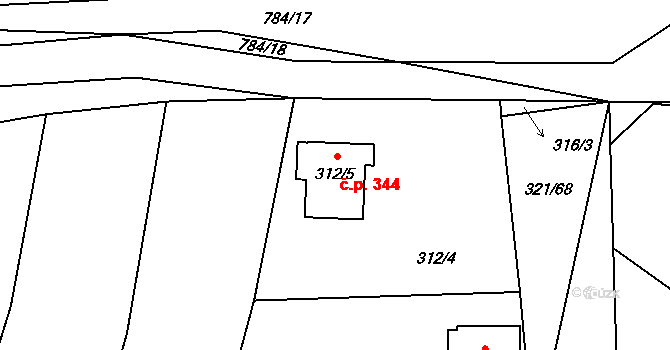Kačice 344 na parcele st. 312/5 v KÚ Kačice, Katastrální mapa