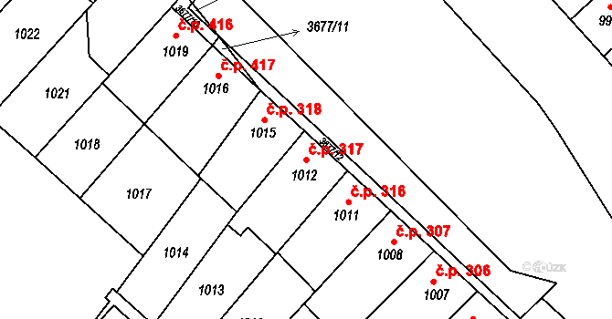 Vyškov-Předměstí 317, Vyškov na parcele st. 1012 v KÚ Vyškov, Katastrální mapa
