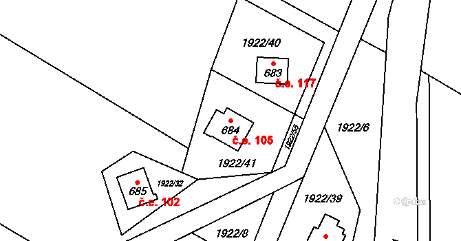 Horní Lomná 105 na parcele st. 684 v KÚ Horní Lomná, Katastrální mapa