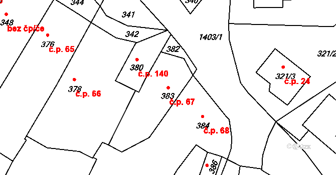 Divišov 67 na parcele st. 383 v KÚ Divišov u Benešova, Katastrální mapa