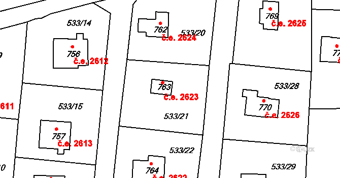 Těptín 2623, Kamenice na parcele st. 763 v KÚ Těptín, Katastrální mapa